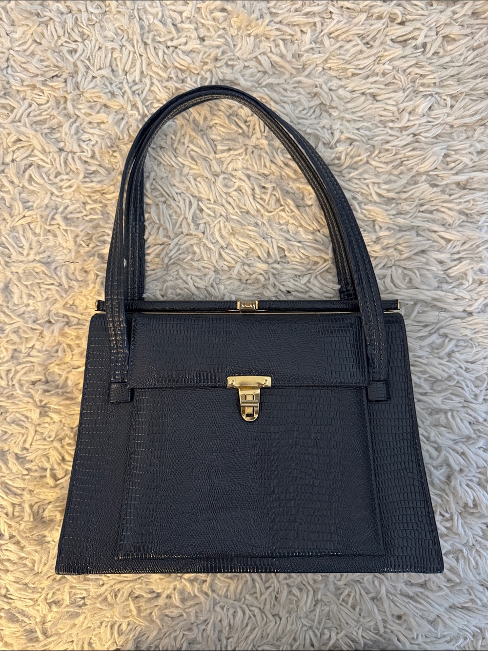Vintage Navy Shoulder Bag with Gold-Tone Clasp
